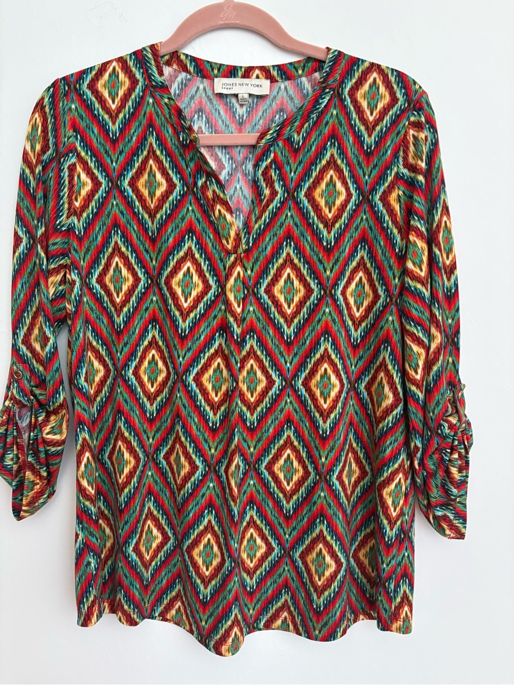 183. Jones New York Multicolor Diamond-Print Tunic Blouse - Red, Green, Yellow